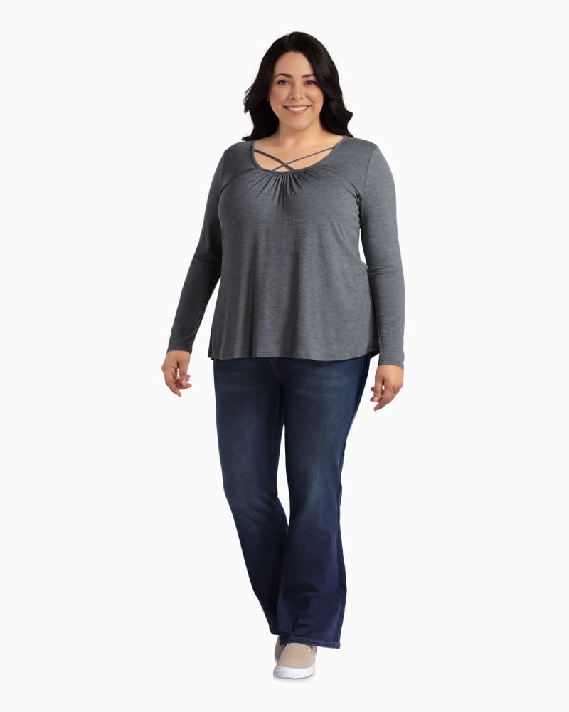 Plus size model with rectangle body shape wearing Karlie Criss-Cross Long Sleeve Top by Molly&Isadora | Dia&Co | dia_product_style_image_id:110841